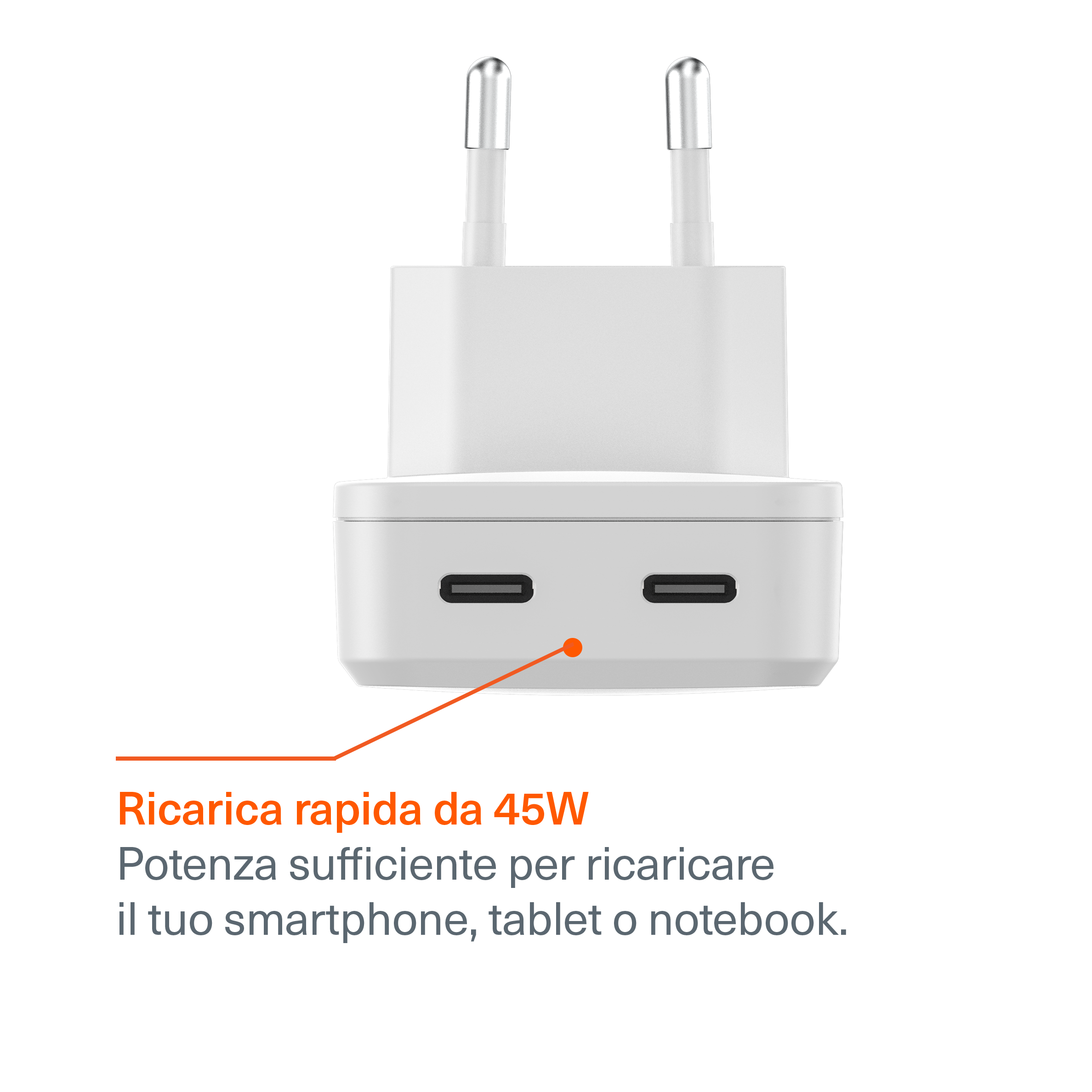 Doppio Caricabatterie da Muro Sottile GaN USB-C 45W