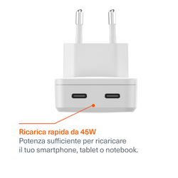 Doppio Caricabatterie da Muro Sottile GaN USB-C 45W