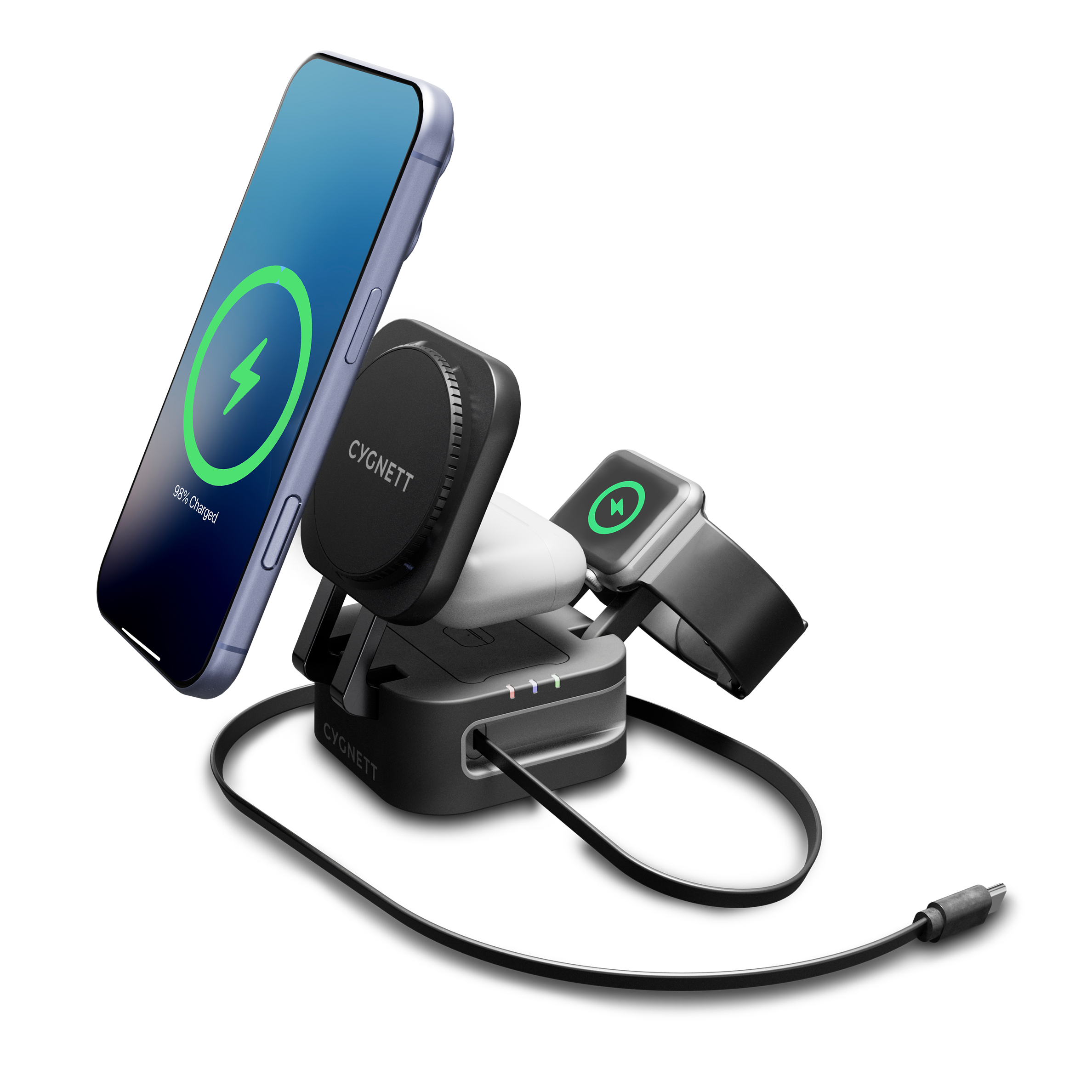 Caricatore Wireless Pieghevole 3-in-1 con Cavo Retrattile