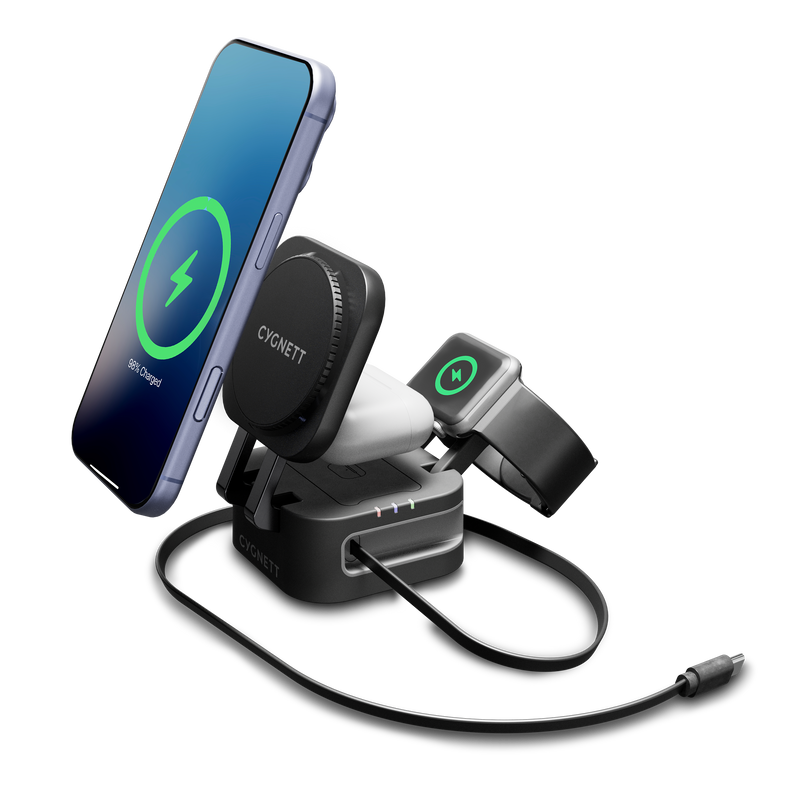 Caricatore Wireless Pieghevole 3-in-1 con Cavo Retrattile
