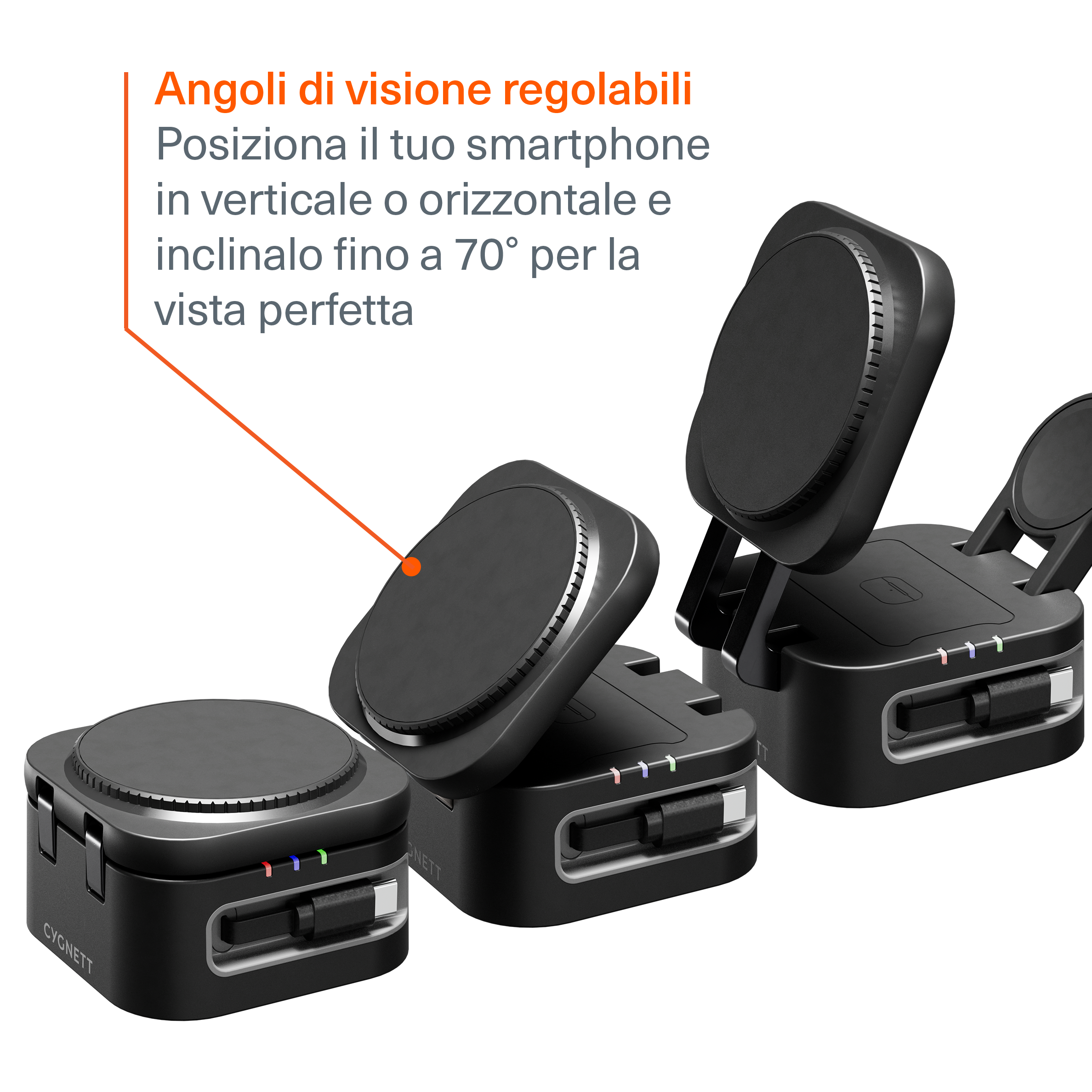 Caricatore Wireless Pieghevole 3-in-1 con Cavo Retrattile