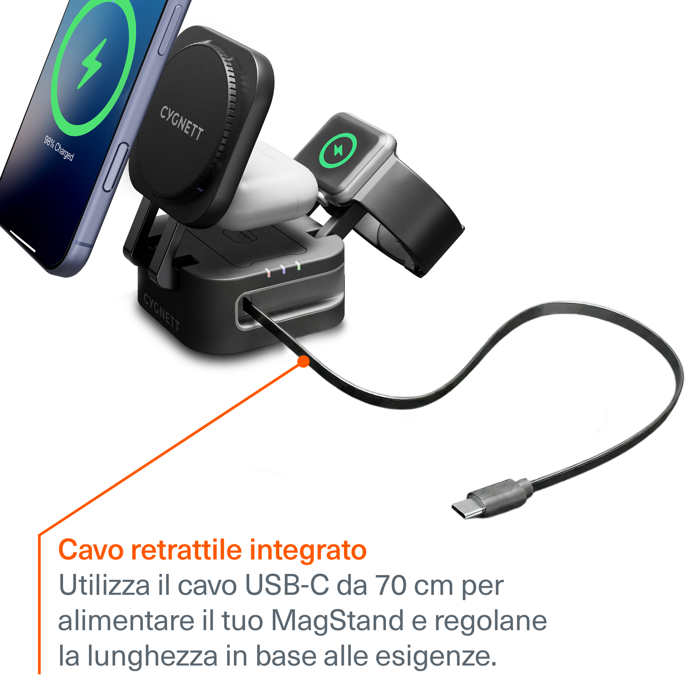 Caricatore Wireless Pieghevole 3-in-1 con Cavo Retrattile