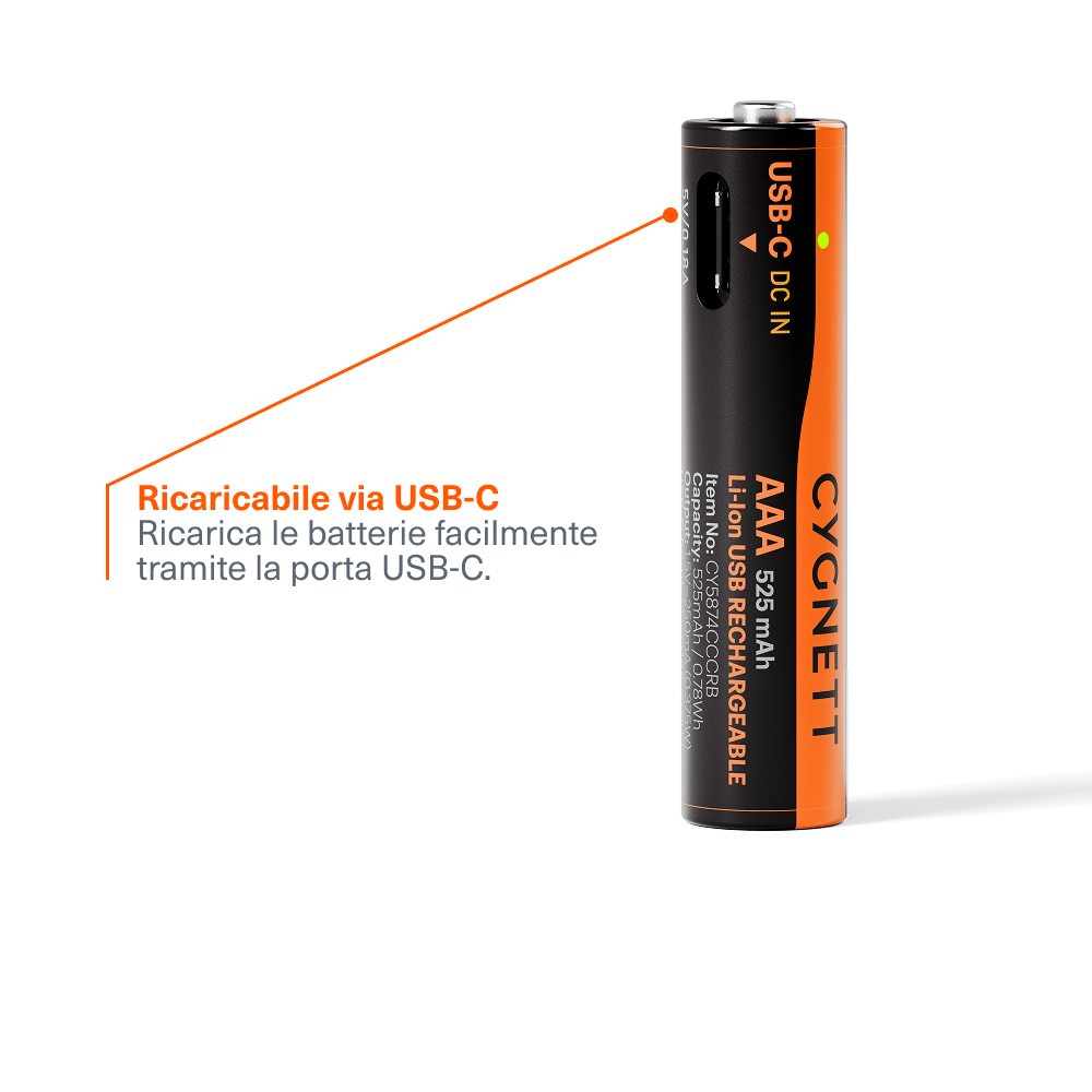 Batteria Li-ion Ricaricabile AAA USB-C (Confezione da 4)