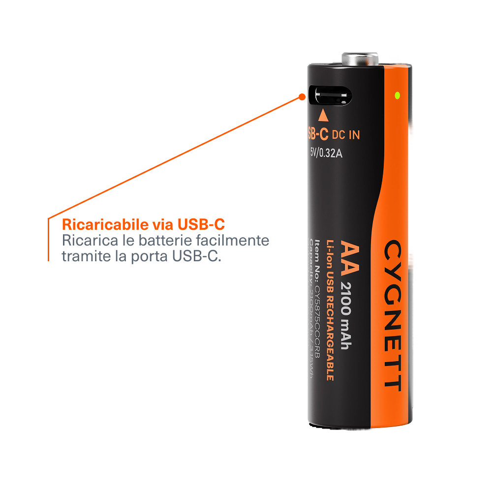Batteria Li-ion Ricaricabile AA USB-C (Confezione da 4)
